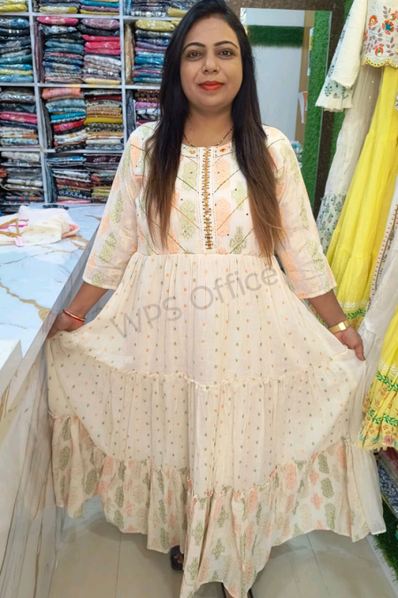 🌿 Pastel Peach & Olive Printed Tier Dress (Sizes: M to XXL)