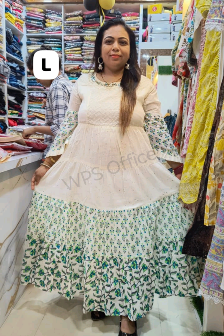 Ivory & Green Bloom Anarkali Kurti Gown – Floral Serenity Edition