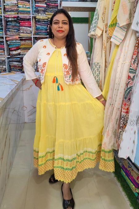 Sun-Kissed Anarkali Kurti Gown with Embroidered Jacket – Dual Style Ensemble