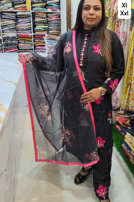 Elegant Floral Embroidered Suit Set with Stand Patti Neck & 4-Side Border Dupatta