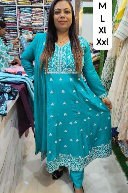 Elegant Blue with White All-Over Floral Embroidery Anarkali Suit with  & Heavy Neck Design -BW-789