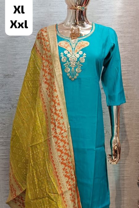 Sky Blue Silk Party Wear Kurta Set with Bandhej Dupatta