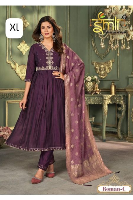Imli Roman-C Designer Anarkali Suit Set in Wine Purple with Brocade Dupatta