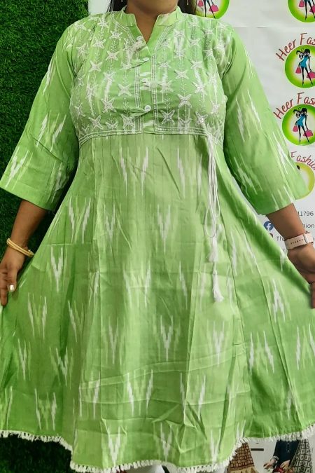 Light Green Ikat Print Flared Cotton Kurti with Embroidered Yoke