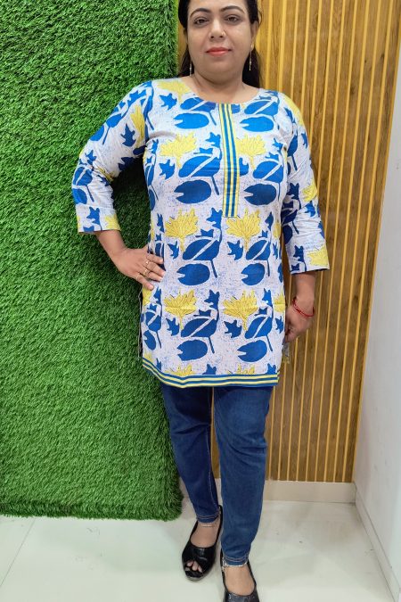Bold Blue & Yellow Floral Printed Cotton Kurti
