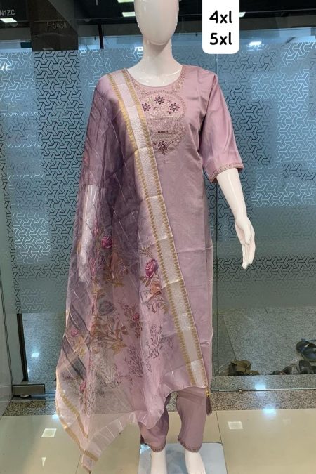 Plus Size Floral Vase Embroidery Kurta Set with Organza Dupatta – 3XL to 5XL Collection