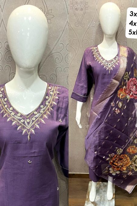 Plum Purple Embroidered Kurta Set with Floral Organza Dupatta – Plus Size Luxe Collection