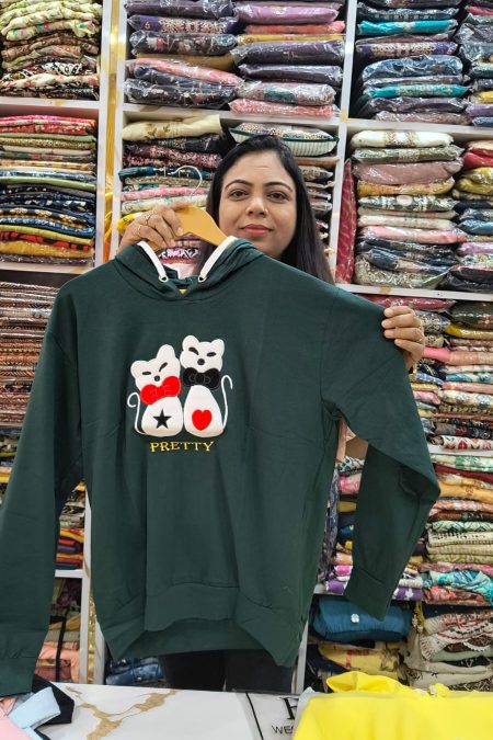 Fleece Hoodie with Cute Cat Embroidery & "PRETTY" Text