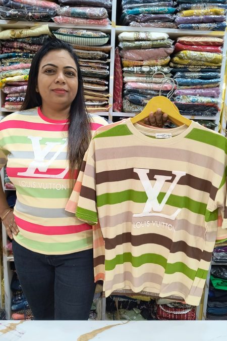 Multicolor Striped Unisex Cotton T-Shirt with LV Print