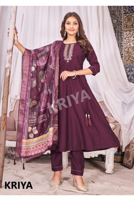 KRIYA Women's Ethnic Wear Set – Deep Wine Anarkali Kurta with Printed Dupatta