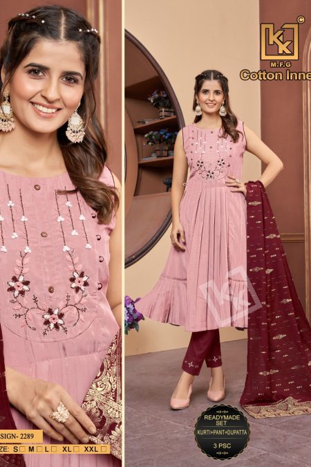 Mauve Embroidered Flared Kurti Set with Maroon Dupatta – KK MFG Design 2289