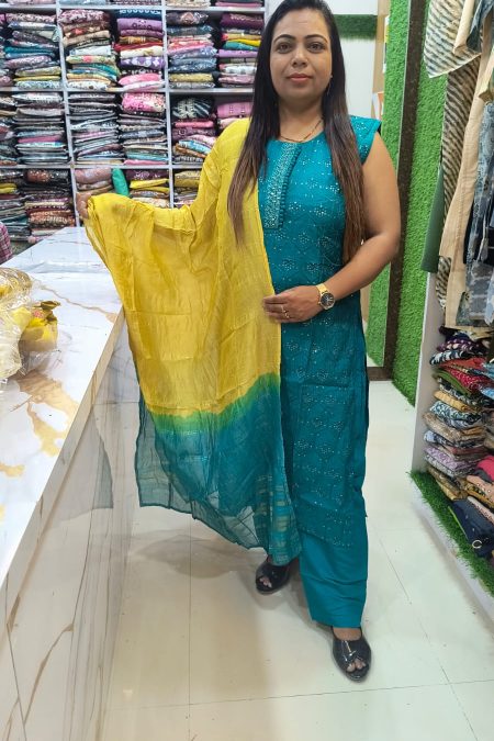 Teal Embroidered Suit Set with Yellow-Teal Ombre Dupatta – 3 Piece Readymade