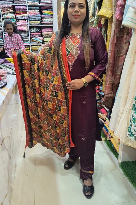 Deep Wine Embroidered Suit Set with Multicolor Patchwork-Style Dupatta – Elegant Ethnic Ensemble