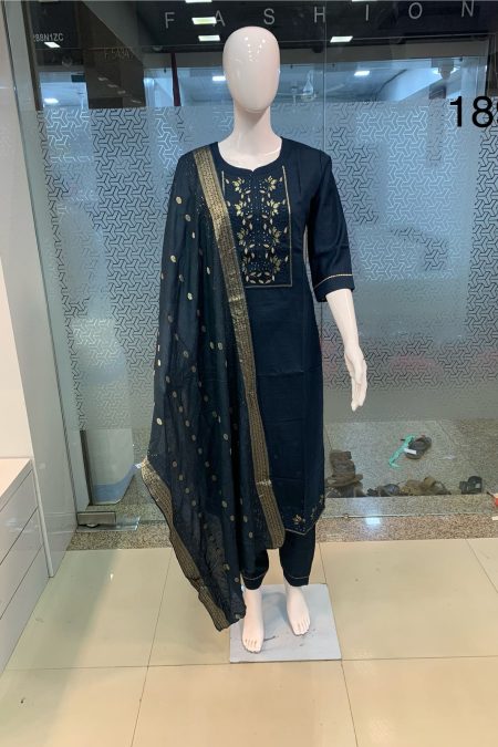 Midnight Navy Blue Embroidered Kurta Set with Golden Polka Chiffon Dupatta – Timeless Grace Edition