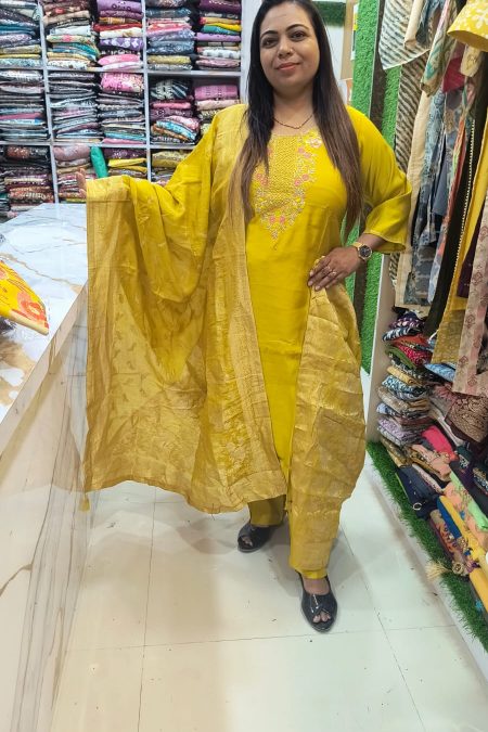 Mustard Yellow Cotton Suit Set with Self-Woven Dupatta – Sunshine Festive Classic