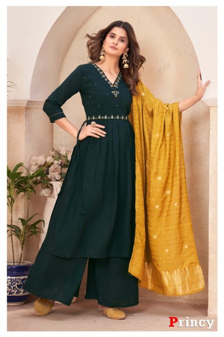 Princy Designer Bottle Green Pleated Kurta Set with Mustard Dupatta – Ethnic Luxe Collection