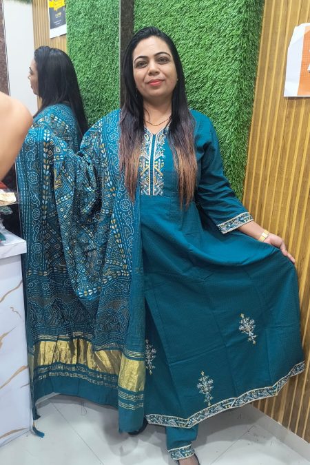 Teal Blue Embroidered Kurta Set with Printed Dupatta & Zari Border – Elegant Festive Wear