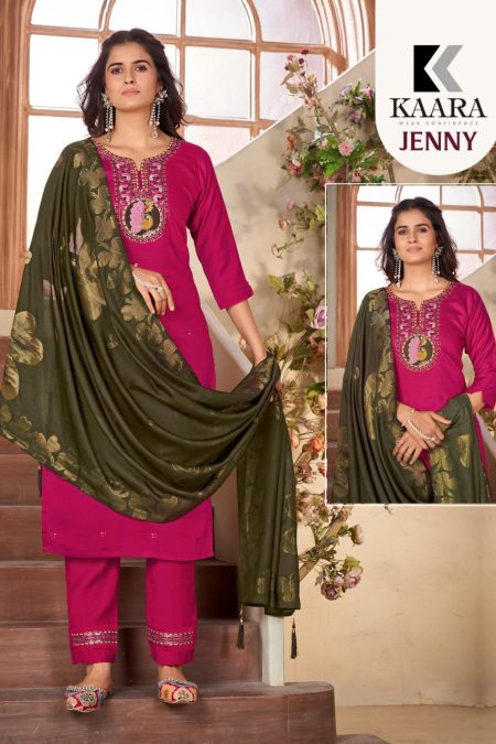 KAARA Jenny Magenta Embroidered Suit Set with Olive Green Dupatta – Regal & Refined Ethnic Wear