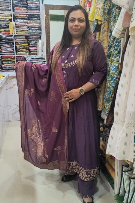 Royal Plum Flare Suit Set – Embroidered 3PC with Dupatta