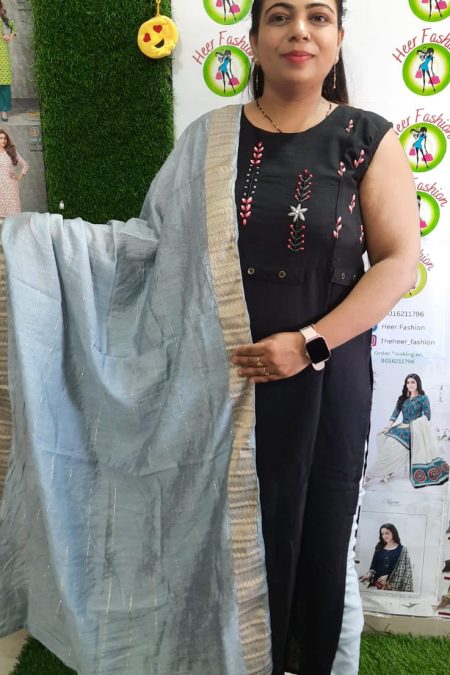 Elegant Black Kurta Set with Powder Blue Dupatta – Minimalist Grace Collection