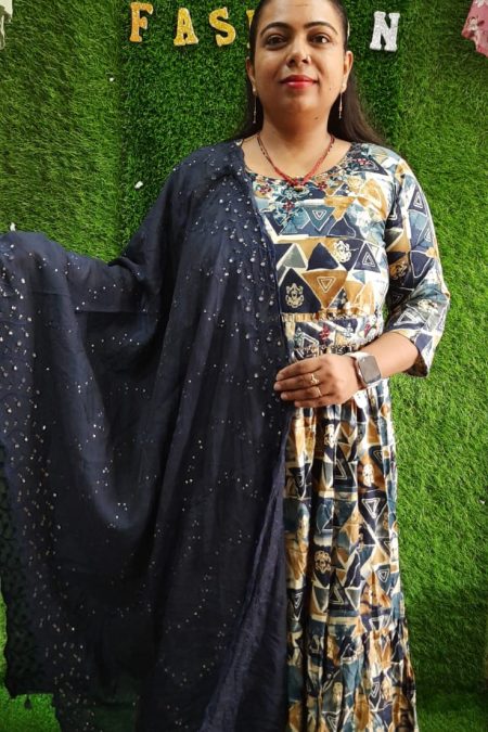 Indigo & Mustard Triangle Block Print Anarkali Kurti with Mirror Work Dupatta | Ethnic Fusion Set