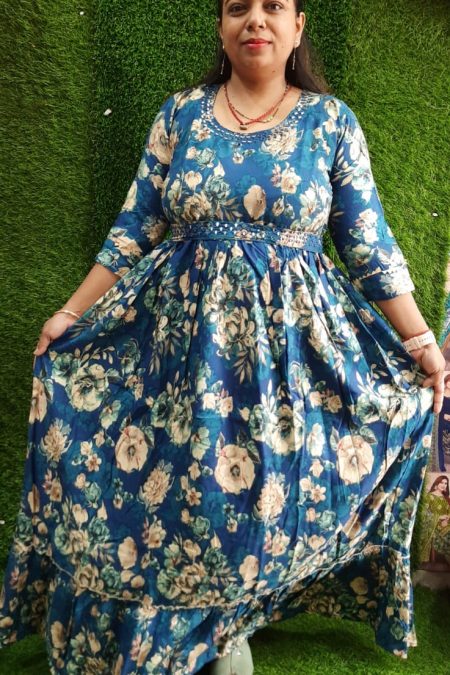 Sheer Fashion Embellished Floral Gown – Available in Navy Blue & Maroon