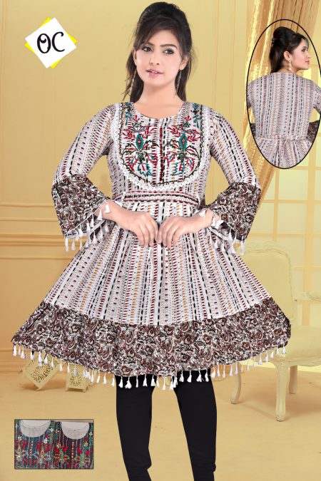 Ethnic Printed Cotton Short Kurti with Embroidery & Tassel Detailing