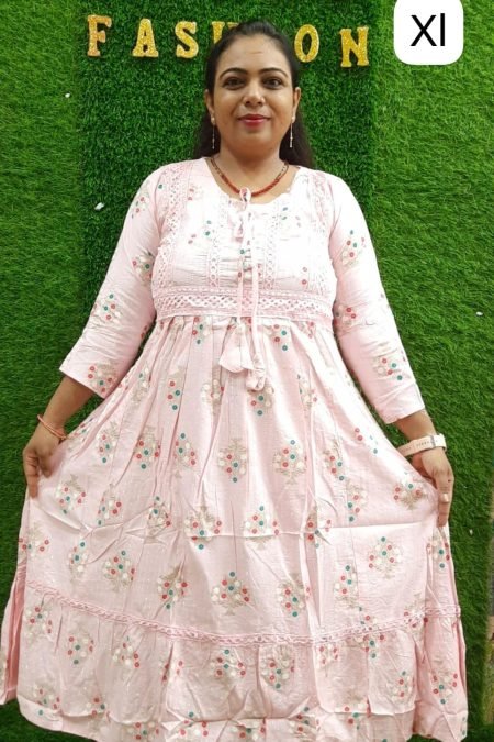 Pastel Pink Floral Embroidered Empire Maxi Dress | XL Size | Tiered Ethnic Wear