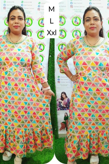 Multicolor Geometric Print Gown with Belt Detail – M to XXL Sizes