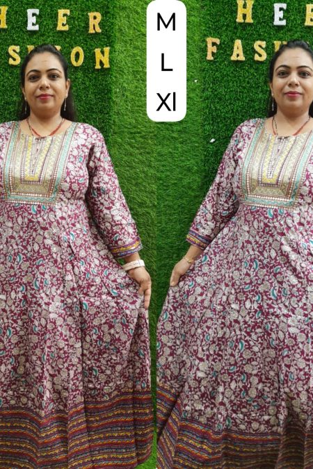 Heer Fashion Maroon Floral Ethnic Printed Gown with Embroidered Yoke – M to XL