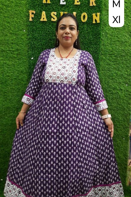 Purple Cotton Gown with Printed Yoke & Border – M & XL Sizes