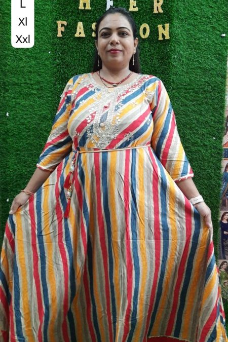 Multicolor Vertical Striped Anarkali Kurti with Embroidered Neckline