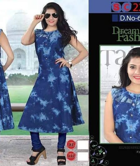 Denim-Effect Sleeveless Tie-Dye Kurti