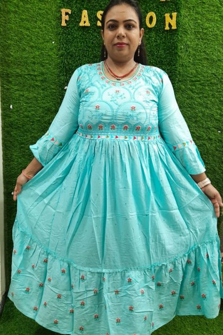 Elegant Tiered Cotton Embroidered Flare Dress – Multi-Color Options