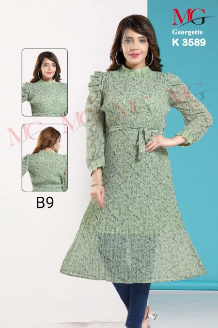 Pastel Green Floral Pleated Georgette Dress with Belt – MG K3589
