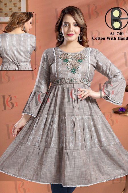 Premium Cotton Flared Kurti with Hand Embroidery – AI-740