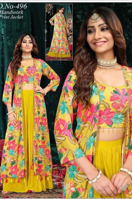 D.no-496 – Handwork Crop Top Set with Printed Jacket & Palazzo