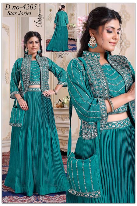 Embroidered Star Jorjet 4-Piece Set with Crop Top, Jacket, Skirt & Side Purse