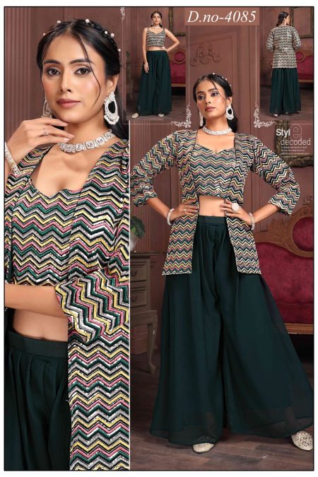 Designer 3-Piece Palazzo Set with Multicolor Sequin Crop Top, Long Embroidered Jacket & Flowing Palazzo