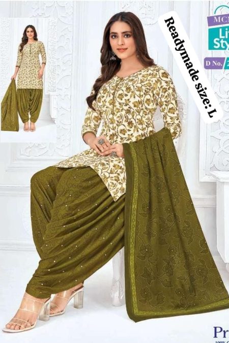 Readymade Patiala Suit – Beige Floral Top with Olive Green Bottom (Size: L)