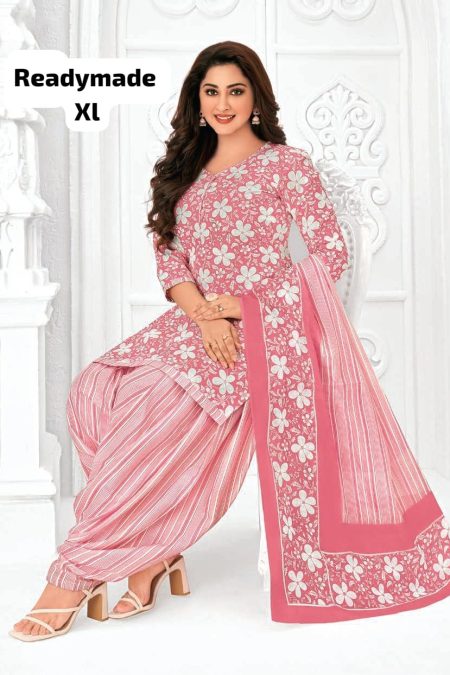 Readymade Patiala Suit – Pink & White Floral with Stripe Patiala