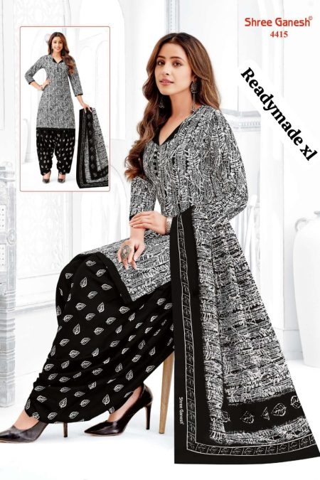 Readymade Patiala Suit – Black & White Abstract Leaf Print (Size: XL,XXL)